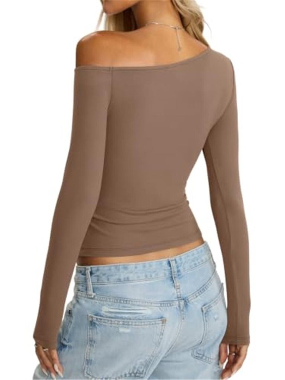 Women's Off Shoulder Fitted Top | Long Sleeve Fall Going Out Shirt - Picture 6 of 6